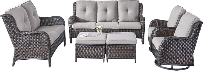 Rilyson Wicker Patio Furniture Set - 6 Piece Rattan Outdoor Sectional Conversation Sets with 2 Rocking Swivel Chairs,2 Ottomans,1 Sofa and 1 Loveseat for Porch Deck Garden(Brown/Grey)