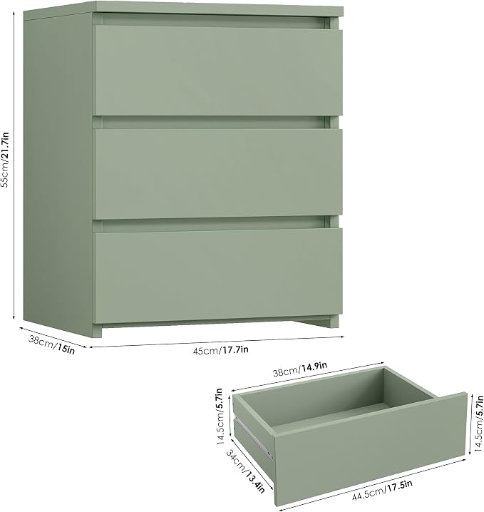 FOTOSOK Nightstand Set of 2 White Nightstand with 3 Drawers, White Bedside Table Night Stand for Bedroom with Cut-Out Handle, Sofa Side Table for Bedroom, Green - Image 3