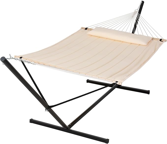 SUNCREAT Double Outdoor Hammock with 15 ft Stand, Standing Patio Hammocks for Outside, Beige by SUNCREAT