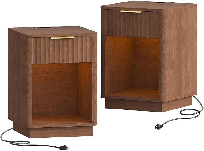 Akxomel Fluted Nightstands Set of 2, Wooden Night Stand with Charging Station and LED Light, Modern Mid Century End Table with Drawer, 15" D x 15.7" W x 22.6" H, for Bedroom, Walnut - Image 9
