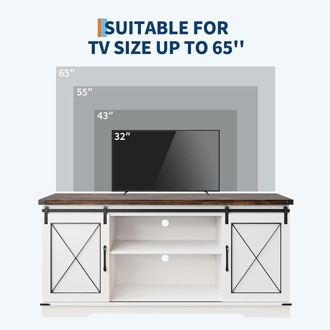 IDEALHOUSE Farmhouse TV Stand and Entertainment Center for Tv up to 65 inches with Sliding Barn Doors, Tv Media Console Table with Storage Cabinet for Living Room, White & Brown - Image 7