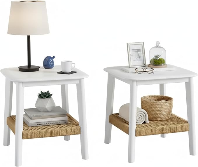 Alaterre Furniture Calais 2-Tier Small End Table with Woven Storage Shelf – Set of 2 Mid Century Modern Wooden Nightstand or Side Table for Small Spaces, Living Room & Bedroom (White) by AlaterreFurniture