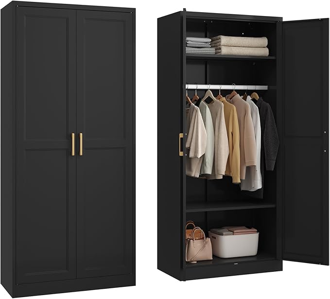SteeLoong Metal Wardrobe Cabinet with Hanging Rod, 71" Tall Armoire Wardrobe Closet with 2 Doors and Adjustable Shelves, Black Clothing Storage Cabinets for Bedroom, Laundry Room, Cloak Room