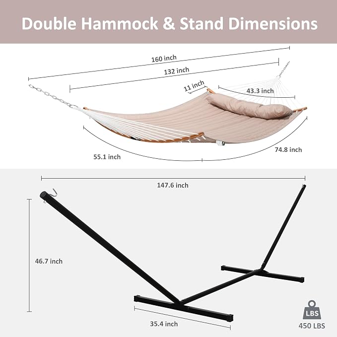 SUNCREAT 55 Inch Large Double Hammock with Stand, 450lbs Capacity, Outdoor Portable Hammock with Curved Spreader Bar, Extra Large Pillow, Tan - Image 6