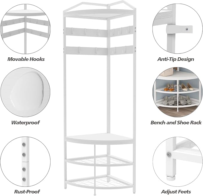 GiftGo Corner Hall Tree with Shoe Bench Entryway Coat Rack with 10 Metal Movable Hooks Freestanding Clothes Rack Shoes Shelf Organizer for Home Office Bedroom (White) - Image 6