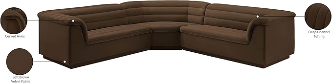 Meridian Furniture 194Brown-Sectional Cascade Collection Modern | Contemporary Modular Sectional with Soft Brown Velvet Fabric, Deep Channel Tufting, Curved Arms, 148" W x 80" D x 28" H, Brown