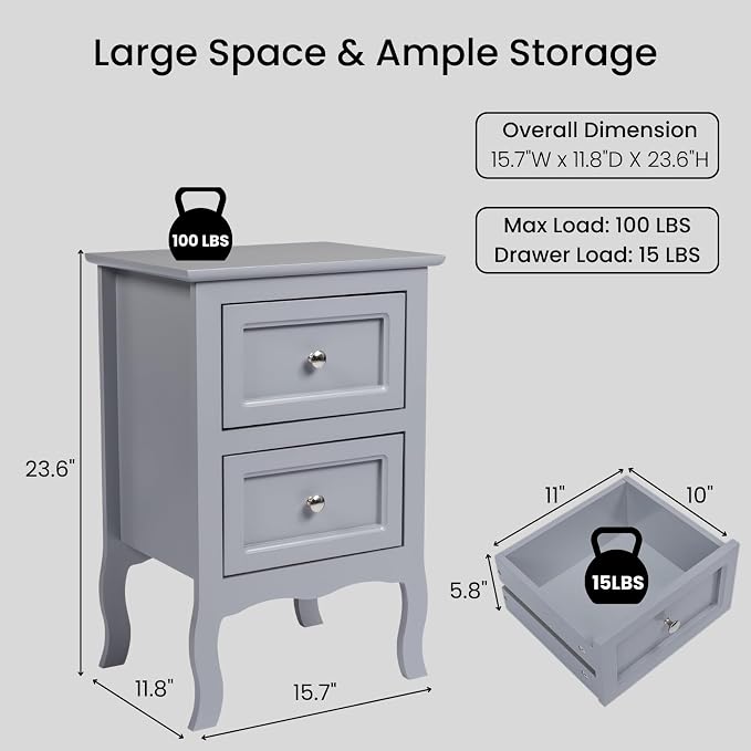 Karl home Grey Nightstand Set of 2 for Bedroom, Vintage Small Night Stand with Drawers, Farmhouse Side Table, Wooden End Tables with Curved Legs for Office, Mid-Century - Image 3