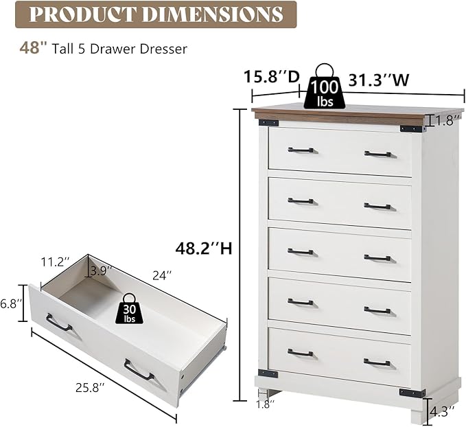 AMERLIFE 5-Piece Farmhouse Bedroom Set, Rustic Wood Queen Bed Frame with 54" Tall Headboard, 6-Drawer Dresser Chest, 5-Drawer Tall Chest, Nightstands Set of 2 with Charging Station, White