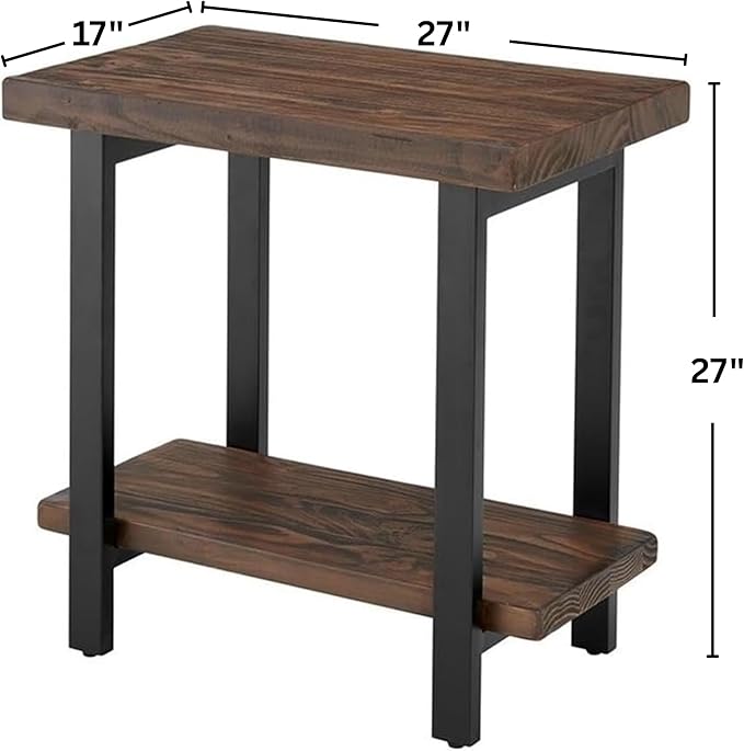 Alaterre Furniture Pomona Living Room Tables – 2-Tier Solid Wood End Table with Natural Finish and Metal Legs – Modern Farmhouse Accent or Home Décor (Rustic Brown)