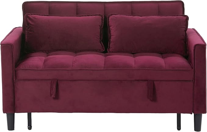 3 in 1 Convertible Sofa Bed, Love Seat Sleeper Bed with Side Pockets, Velvet Fabric Pull Out Couch with Adjustable Backrest for Living Room, Bedroom, Apartment, Purplish-Red