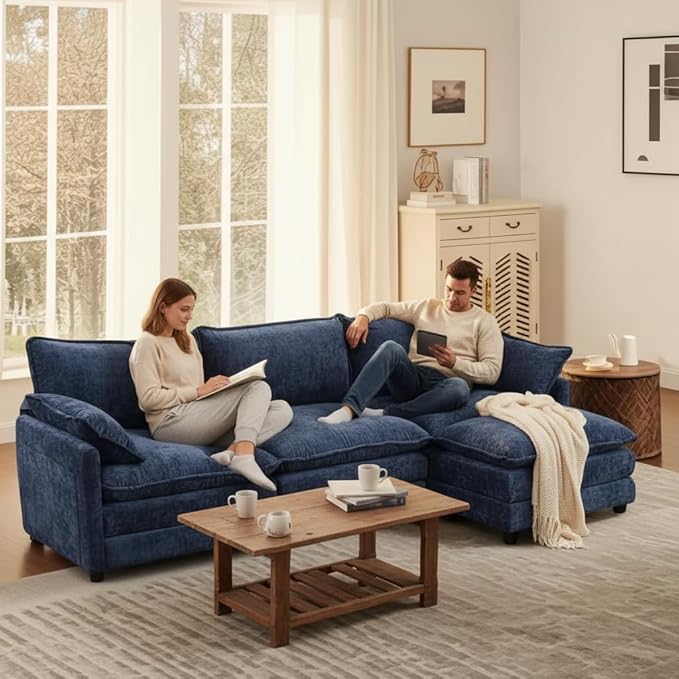 Modular Sectional Cloud Couch, 3 Seat Convertible Sectional Couches Sofa with Ottoman, Convertible L-Shape Cloud Sectionals Couches for Living Room, Apartment, Blue