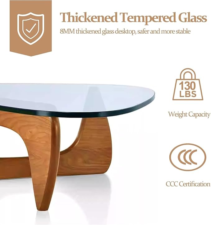 Modern Glass Coffee Table, 45in Large Mid Century Coffee Table, Unique Wooden Triangle Center Tables with Wood Legs, for Bedroom Living Room Reception Office(Walnut Transparent, 45in)