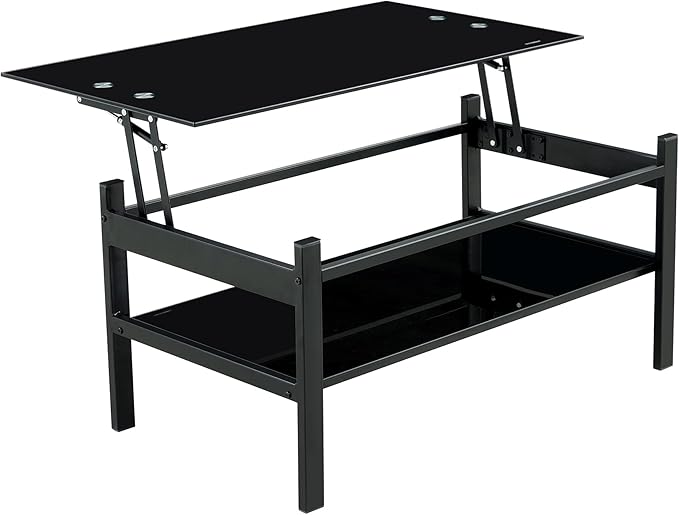 IANIYA Lift Top Coffee Table, Black Tempered Glass Coffee Tables with Storage Space and Open Shelves, Small Rectangle Lift Tabletop Living Room Center Table for Home Office