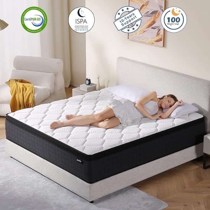Queen Size Mattress, 12 Inch Hybrid Memory Foam Queen Mattress in a Box, Medium, Individual Pocket Spring & Pressure Relief, 100 Nights Trial, CertiPUR-US
