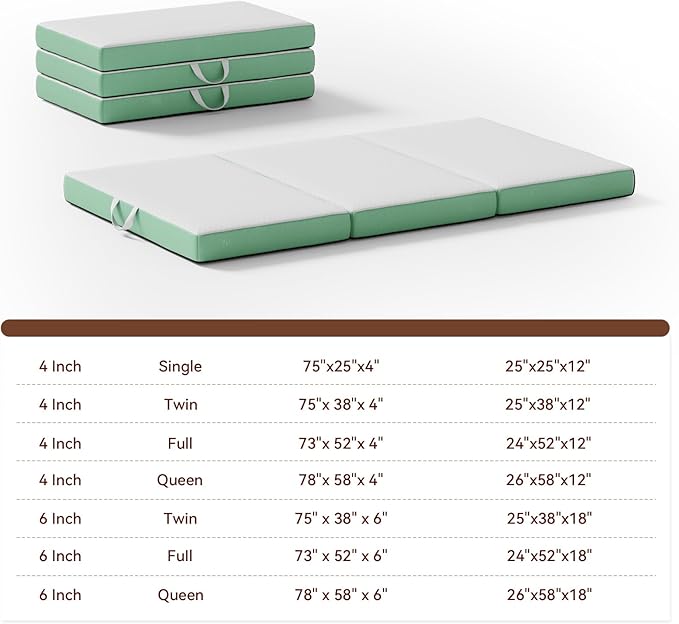 ROXGOX Memory Foam Trifold Mattress, Twin Portable Floor Bed 4 Inch, Foldable Mat with Washable Cover, Handle & Non-Slip Bottom, for RV, Travel, Camping, Yoga, 75"x38"x4", White Green