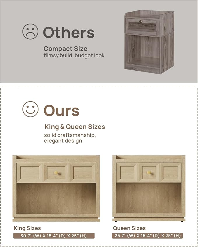 SICOTAS 31" Wide Nightstands Set of 2, Large Night Stands with Drawer, Oversized King Size Nightstand Bedside Table for Bedroom, Farmhouse End Side Table Set of 2(Coastal Oak, 31 Inch) - Image 7
