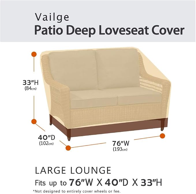 VAILGE 2-Seater Heavy Duty Patio Deep Bench Loveseat Cover,100% Waterproof Outdoor Deep Sofa Cover, Lawn Patio Furniture Covers with Air Vent, Medium (Deep), Beige & Brown - Image 2