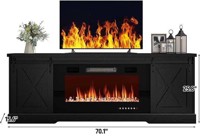 Farmhouse Fireplace TV Stand for 70/75/80 Inch TV, 70 inch Entertainment Center Storage Cabinets with 36”Electric Fireplace and Sliding Barn Doors, Media Console Cabinet for Living Room, Black - Image 6