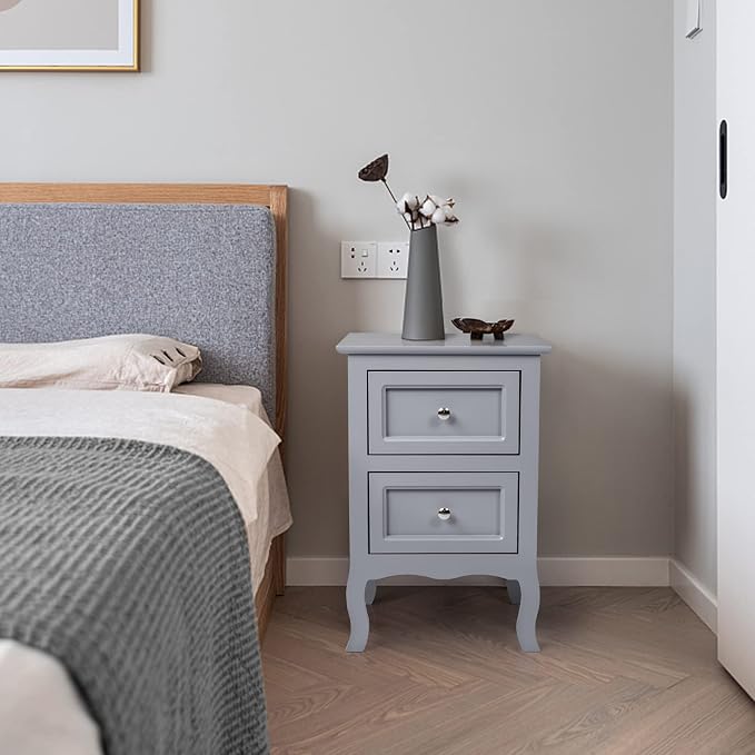 Karl home Grey Nightstand Set of 2 for Bedroom, Vintage Small Night Stand with Drawers, Farmhouse Side Table, Wooden End Tables with Curved Legs for Office, Mid-Century - Image 7