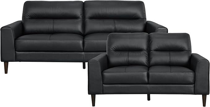 Lexicon 2 Piece Living Room Furniture Sets, Top Grain Leather Leather Match Living Room Sofa Set, Track Arm, Solid Wood Legs, Comfy Couches Including Loveseat & Sofa, 2 Pieces, Black