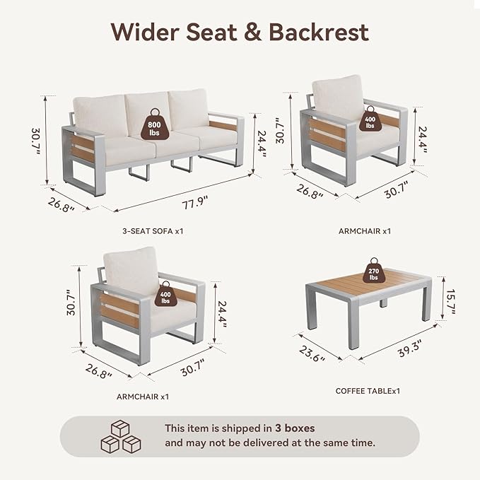 Aoxun Aluminum Patio Furniture Set, 5 Seats Luxury Metal Patio Conversation Sets with Coffee Table, 6'' Thick Cushions and 3-Seat Sofa, Sectional Outdoor Furniture Set for Backyard/Poolside, Beige