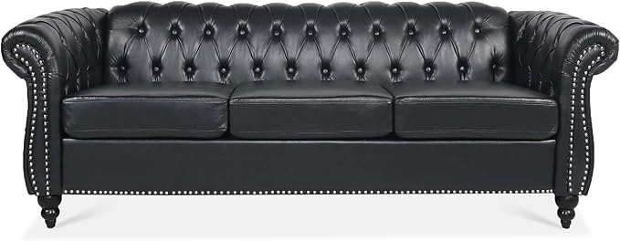 ERYE 84.5-Inch Classic 3 Seat Chesterfield Sofa Couches for Living Room Bedroom, 3 Seaters Button Tufted Faux Leather Upholstered Chesterfield Sofa Couch,Wood Legs | Button Tufted, Easy to Assemble, Nailhead, Removable Cushion