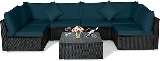 Tangkula 7 Piece Patio Furniture Set, Outdoor Wicker Sectional Sofa with Pillows and Cushions, and Coffee Table, Patio Conversation Set for Garden, Lawn (Peacock Blue)