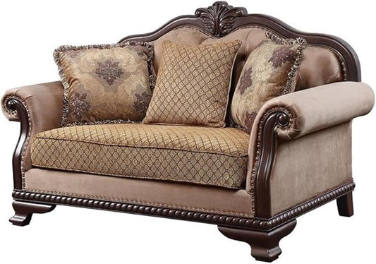 Acme Chateau De Ville Fabric Loveseat with 3 Pillows in Beige and Espresso