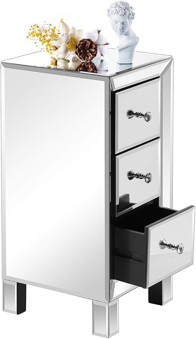 Bonnlo 3-Drawer Mirrored Nightstand End Table Bedside Table for Bedroom, Living Room, Silver, 11.7" L x 11.8" W x 23.8" H - Image 6