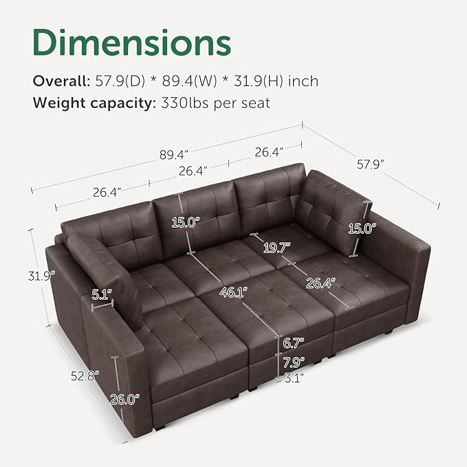 HONBAY Oversized Modular Sleeper Sectional Sofa Bed with Storage, Faux Leather Reversible 6 Seat Couches, Mid Brown