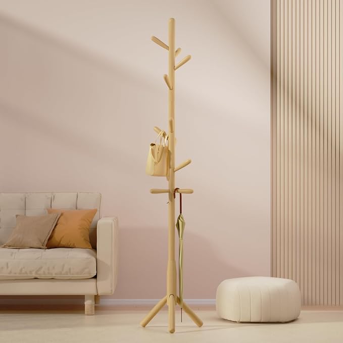 Solid Wood Coat Rack, Freestanding Tree-Shaped Coat Rack with 11 Hooks, Main Pole 1.6" dia for Clothes, Hat Stand Used in Bedroom/Office/Entryway (3-Leg Base, Natural Beige) - Image 5
