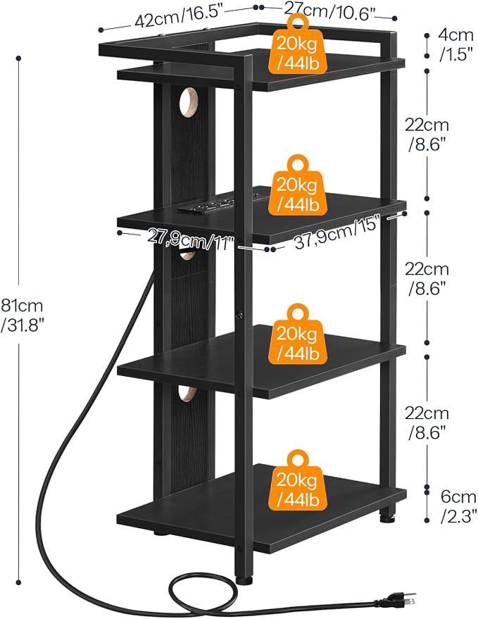 HOOBRO 4-Tier AV Media Stand with Charging Station and LED Light, Wooden Stereo Stand, Rack Audio Tower, Corner TV Stand, Entertainment Device, Black BB38UDCJ01 - Image 3