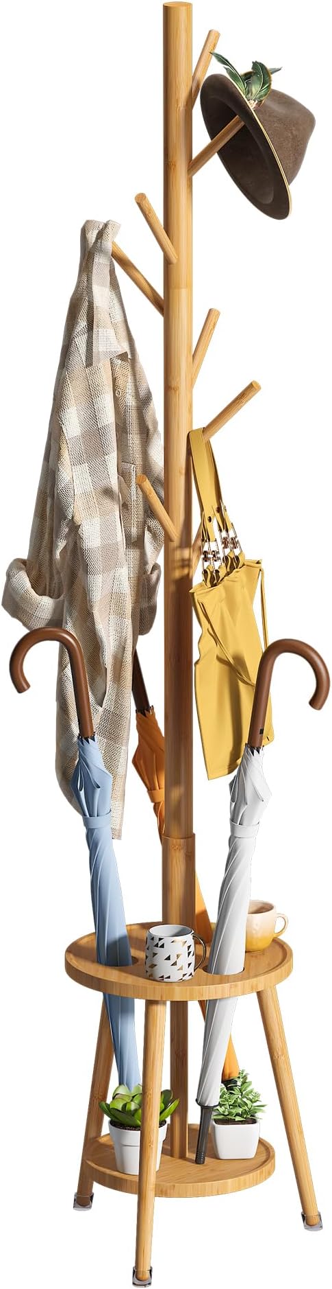 FILWH Freestanding Coat Rack with Umbrella Organizer Tray Bamboo Coat Tree Rack with 8 Hook Stand for Clothes Bag Hats Entryway Hanger Stand(Nature) by FILWH