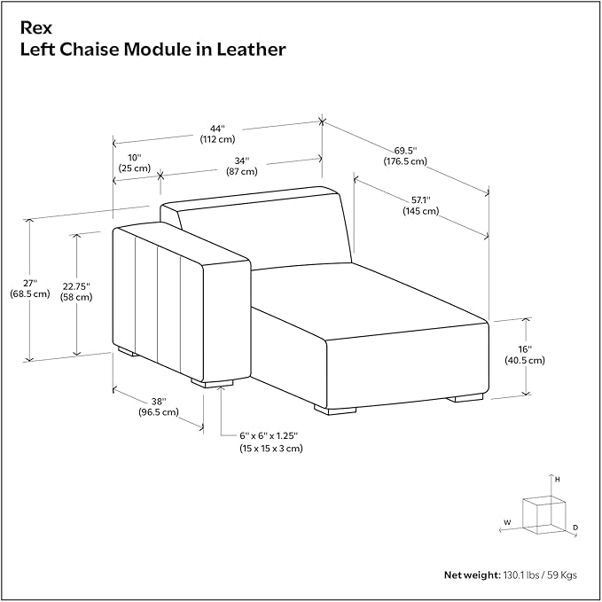 SIMPLIHOME Rex Left Chaise Sofa Module in Full-Grain Genuine Leather, Caramel Brown, 44-inches W x 69.5-inches D, Handcrafted Modern-Style Left-Arm Chaise Lounge Chair for Living Room