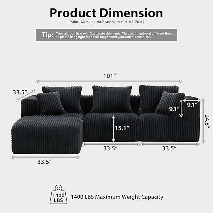 Deep Seat L Shaped Couch, Modular Boneless Sectional Sofa, Modern Cloud Sectionals, No Assembly Living Room Couch with Ottoman for Living Room, Apartments & Bedroom (3 Seat + 1 Ottoman)