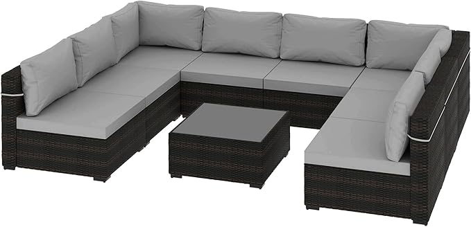 UPHA 9 Pieces Patio Furniture Sets, Wicker Outdoor Sectional Sofa Couch with Coffee Table, Patio Conversation Set for Deck Backyard Garden, Brown Rattan, Light Gray Cushion