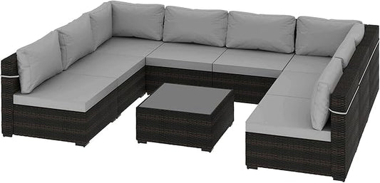 UPHA 9 Pieces Patio Furniture Sets, Wicker Outdoor Sectional Sofa Couch with Coffee Table, Patio Conversation Set for Deck Backyard Garden, Brown Rattan, Light Gray Cushion