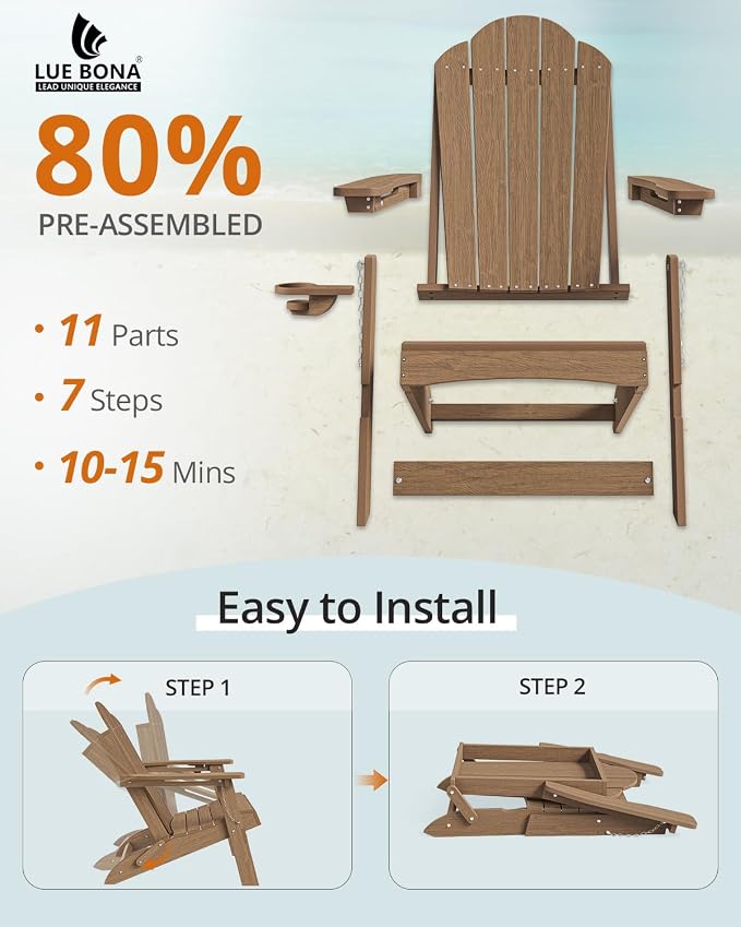 LUE BONA HDPE Folding Adirondack Chairs Set of 4 - Weather Resistant Rustic Wood-Grain Seating with Cup Holder for Cabin, Fire Pit, Deck & Resort Garden, Brown - Image 4