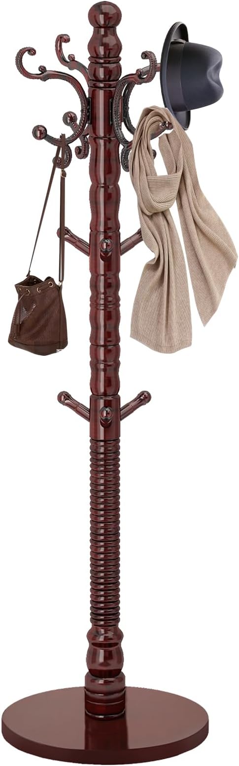 Wood Coat Rack Stand, Vintage Wooden Coat Rack Freestanding with Sturdy Round Base,Classic Coat Racks with 14 Hooks, Natural Birch Wood Standing Coat for Entryway (Vintage Round chassis) by LOZABEECOATRACKSTAND