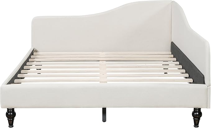 Merax Full Size Bed Frame daybed, L-Shaped Linen Daybed Corner Sofa with Solid Wood Legs for Living Room, Guest Room, No Box Spring Needed, Beige