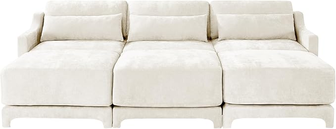 Ball & Cast 105.9” Modular Sectional Sofa, Comfy Cloud Couch with Lumbar Pillows and 3 Ottoman, Deep Seat Chenille Modular Sofa, Sectional Couches for Living Room, Bedroom and Apartment, Beige
