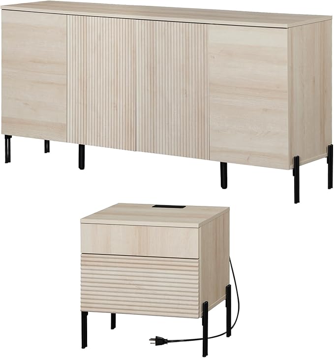 WAMPAT 2 Pieces Bedroom Set, Fluted Storage Cabinet and Night Stands with Charging Station for Bedroom, Wood Dresser and Nightstand Set, Wide Storage Organizer Cabinet for Bedroom,Beige
