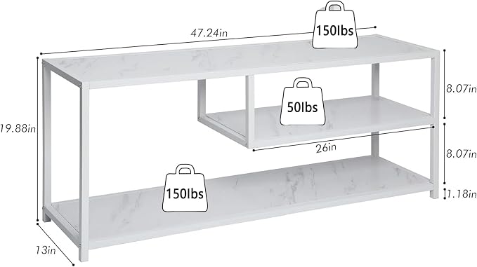 Function Home TV Stand for TVs up to 55 Inch, 3 Tier Entertainment Center, Media Console with Open Storage Shelves for Living Room Bedroom, 47” Modern TV Table with Wood Top White Metal Legs - Image 2
