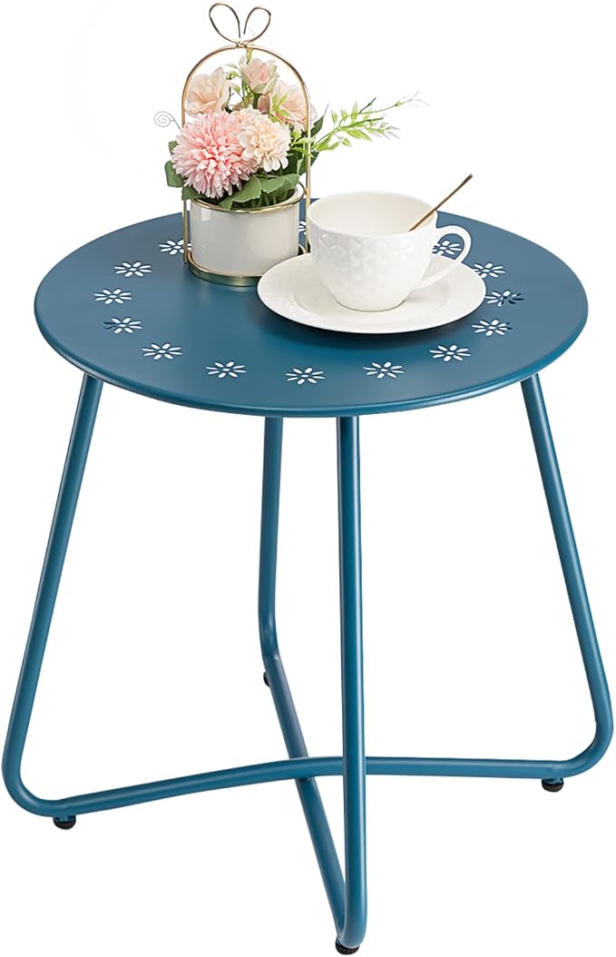 danpinera Outdoor Side Tables with Flower Cut Outs, Weather Resistant Steel Patio Side Table, Small Round Outdoor End Table Metal Side Table for Patio Yard Balcony Garden Navy Blue by danpinera