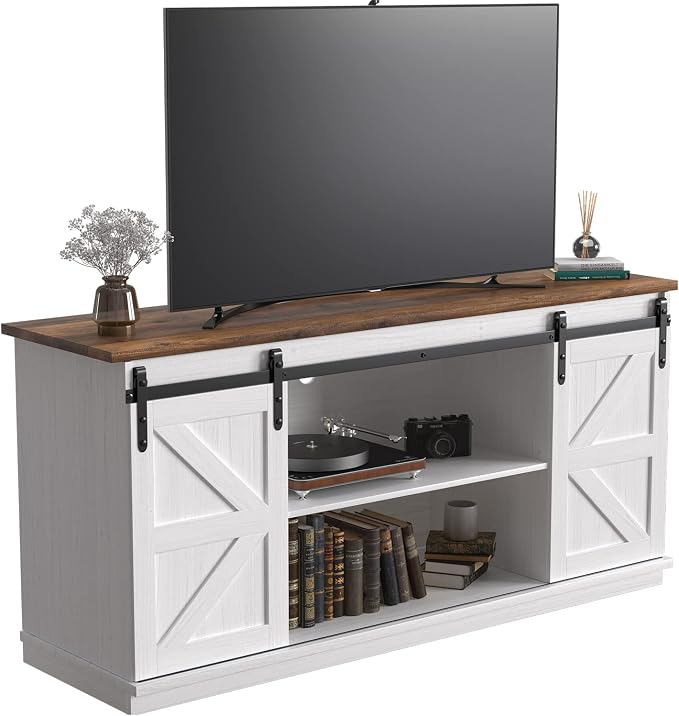 JUMMICO TV Stand for 65 Inch TV, Entertainment Center with Storage Cabinets and Sliding Barn Doors, Mid Century Modern Media TV Console Table for Living Room Bedroom (Bright White) - Image 9