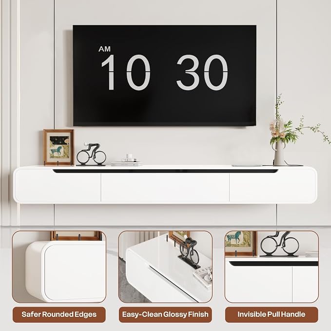 basenji Fully-Assembled Floating TV Stand - 70.8" Wall Mounted TV Stand with Power Outlet | High Gloss Modern Floating Entertainment Center Media Console for Living Room, Bedroom - White - Image 7