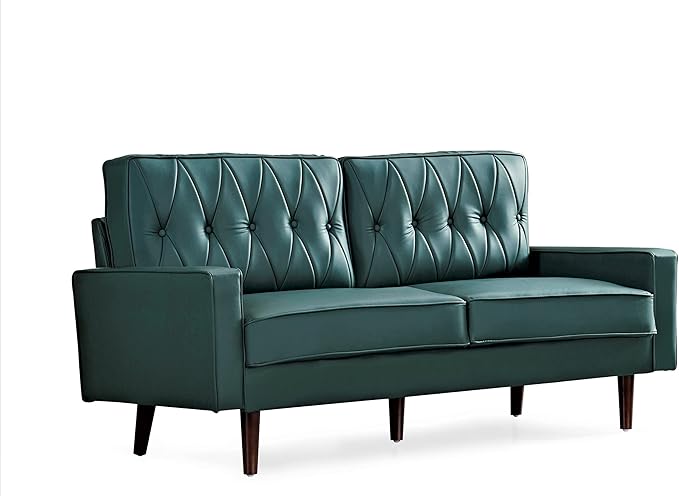 Container Furniture Modern Style Faux Leather Sofa with Elegant Round Tapered Legs and Button Tufted Backrest Perfect for Living Room, Bedroom or Home Office, 69.3’’ Wide, Blue Green