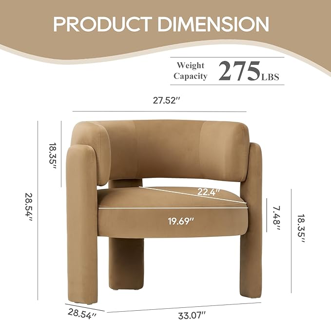 COLAMY Modern Velvet Accent Chair, Upholstered Barrel Chair, Comfy Side Arm Chair with 3 Legs for Living Room, Bedroom, Reading, Khaki
