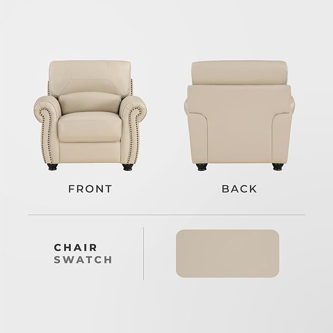 Lexicon Top Grain Leather Match Chair Accent Chairs for Living Room with Solid Wood Frame, Rolled Armrest & Nailhead Trim, Comfy Reading Chair for Bedroom, Office, Waiting Room, Cream
