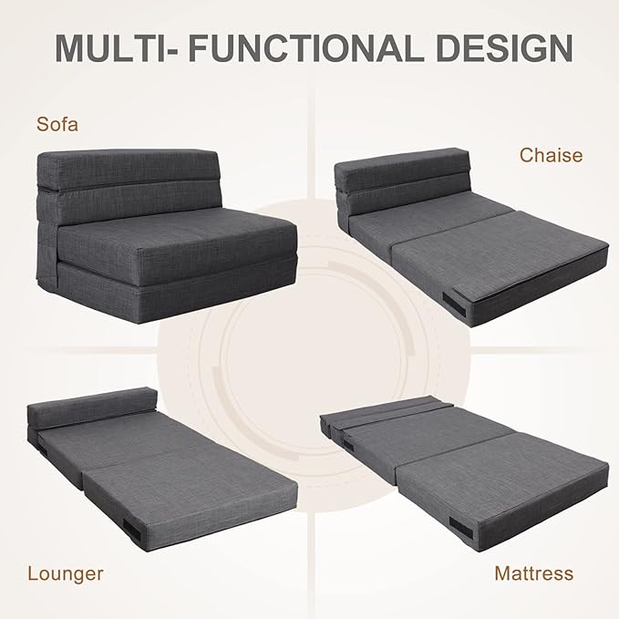 Queen Size Folding Sofa Couch Memory Foam with 2 Pillows Sleeper Chair Lazy Couch Triple Futon Convertible Guest Beds, Washable Cover, Dark Gray